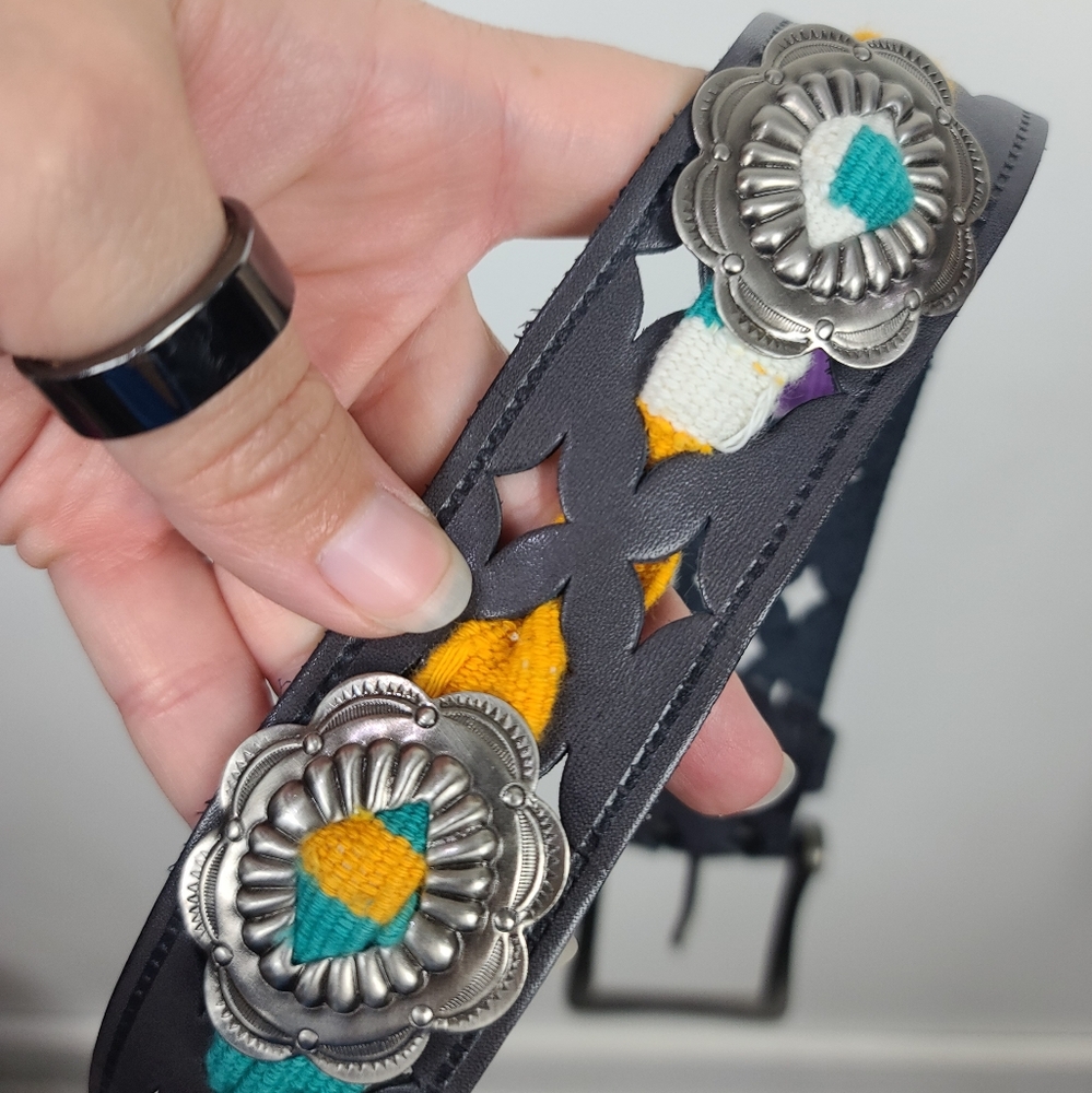 Vintage Charcoal Gray Western Leather Serape Silver-Tone Stamped Concho Belt M - Picture 11 of 16